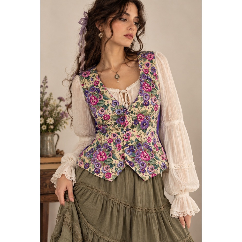 Cottagecore Fairycore Pansy Floral Reversible Handmade Vest M/L